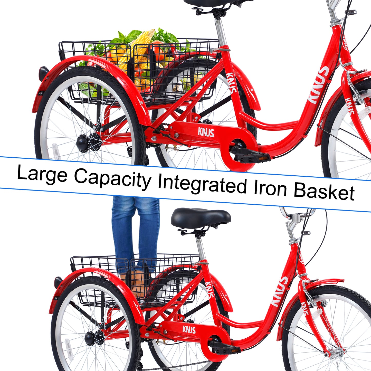Adult Tricycle Trikes,3-Wheel Bikes,24 Inch Wheels 7 Speed Cruiser Bicycles with Large Shopping Basket for Women and Men