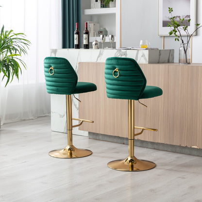 Swivel Bar Stools Chair Set of 2 Modern Adjustable Counter Height Bar Stools, Velvet Upholstered Stool with Tufted High Back & Ring Pull for Kitchen , Chrome Golden Base, Green