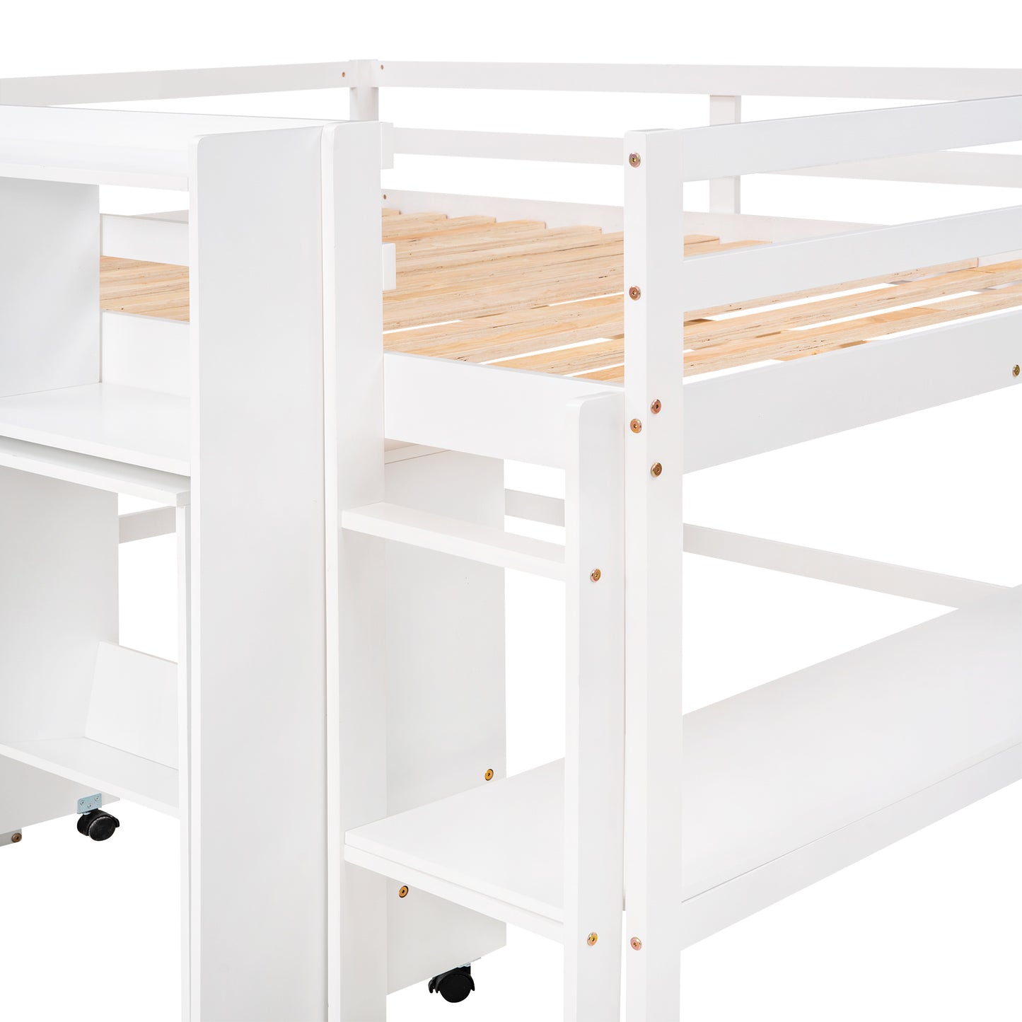 Full Size Low Loft Bed with Rolling Portable Desk, Drawers and Shelves,  White