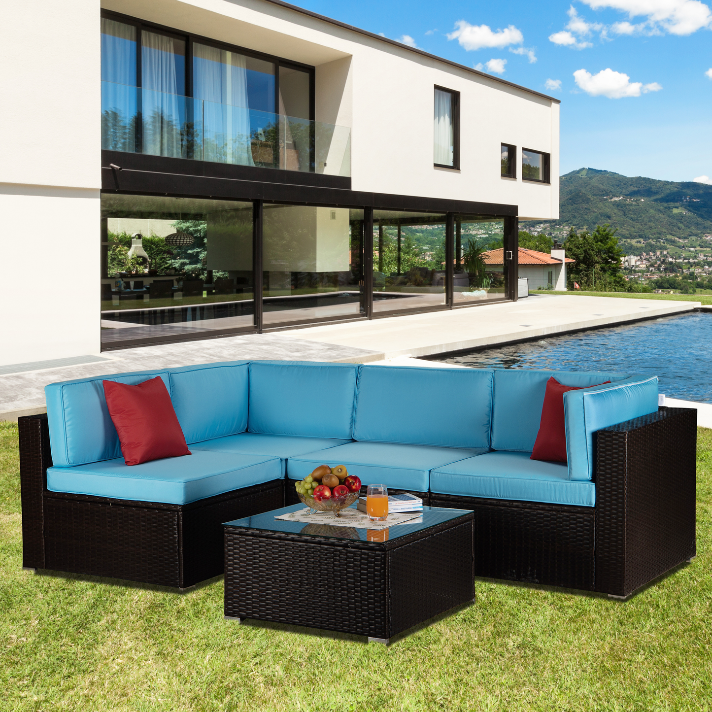 Outdoor Garden Patio Furniture 5-Piece Brown PE Rattan Wicker Sectional Blue Cushioned Sofa Sets with 2 Red Pillows