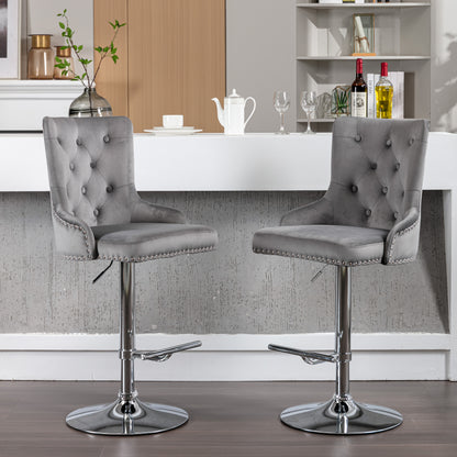 Swivel Velvet Barstools Adjusatble Seat Height , Modern Upholstered Bar Stools with Backs Comfortable Tufted for Home Pub and Kitchen Island（Gray,Set of 2）