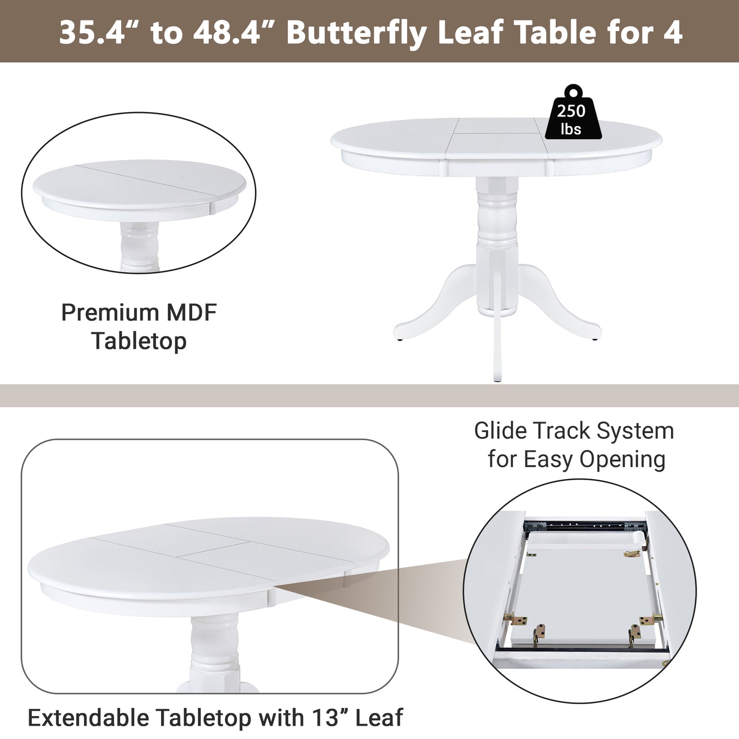 TOPMAX Mid-Century 5-Piece Extendable Round Dining Table Set with 4 Upholstered Dining Chairs for Small Places, White