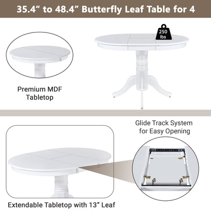 TOPMAX Mid-Century 5-Piece Extendable Round Dining Table Set with 4 Upholstered Dining Chairs for Small Places, White