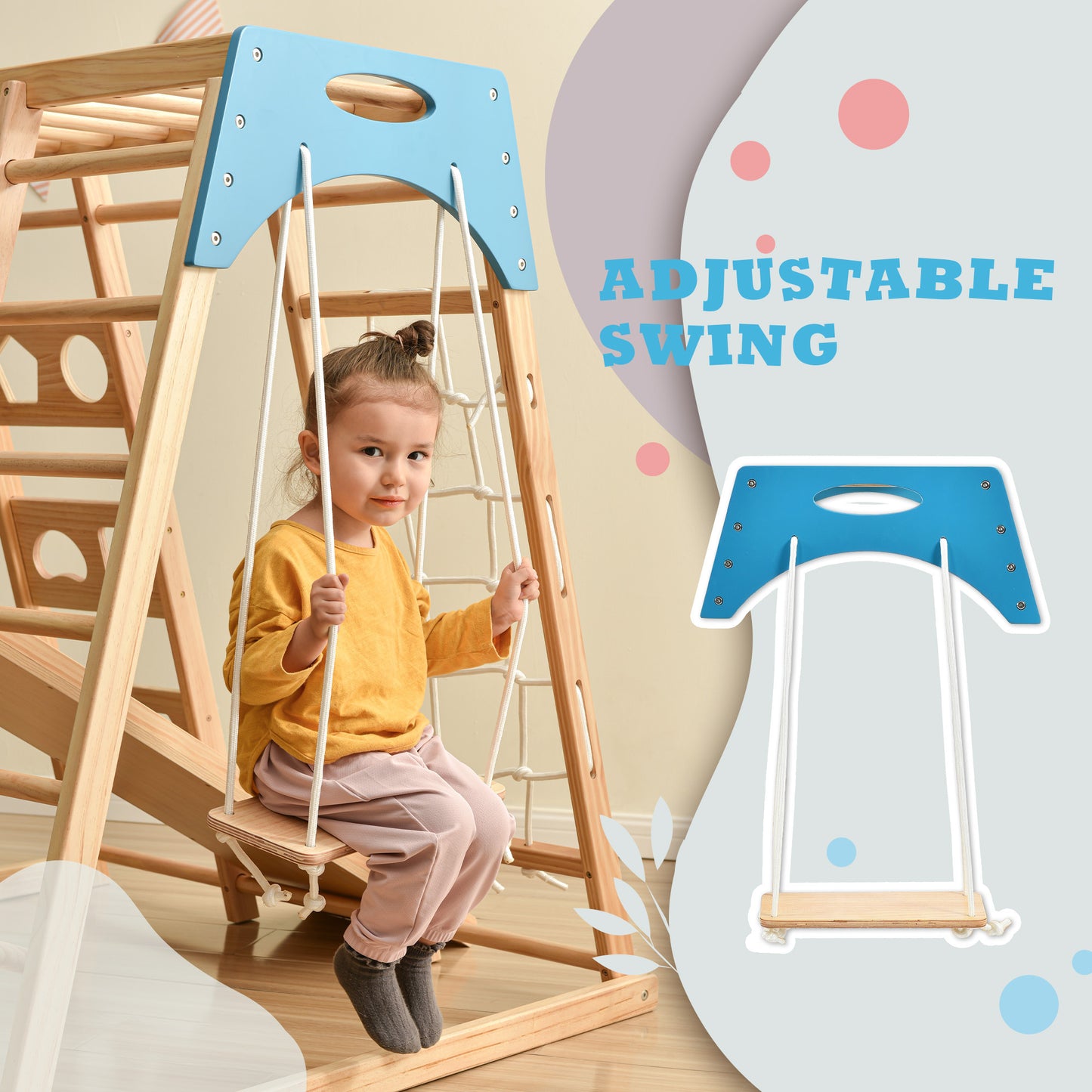 Wooden Indoor Kids Playground Jungle Gym with Slide, Toddlers Wooden Climber 8-in-1 Slide Playset, Wooden Rock Climbing Wall with Rope Wall Climb, Monkey Bars, and Swing for Kids