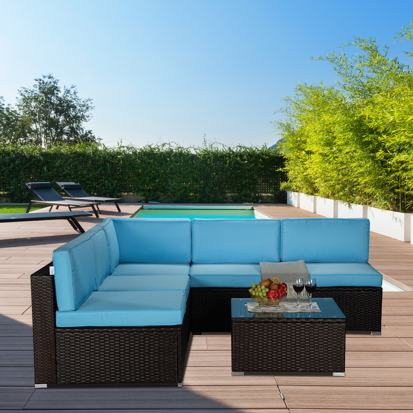 Outdoor Garden Patio Furniture 6-Piece Brown PE Rattan Wicker Sectional Blue Cushioned Sofa Sets