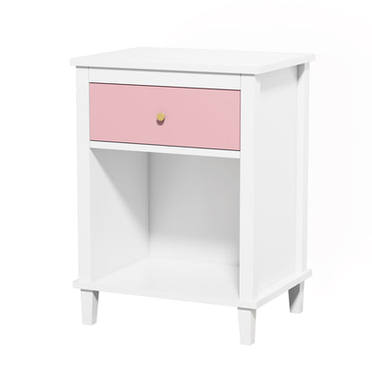 Wooden Nightstand with One Drawer One Shelf for Kids, Adults, Pink