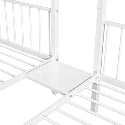 Full Over Twin & Twin Bunk Bed, Metal Triple Bunk Bed with Drawers and Guardrails, White