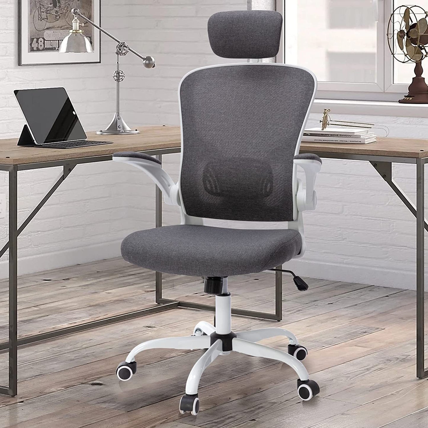 Office Chair Mesh High Back Computer Chair Height Adjustable Swivel Desk Chairs with Wheels,Adjustable Armrest Backrest Headrest,Grey