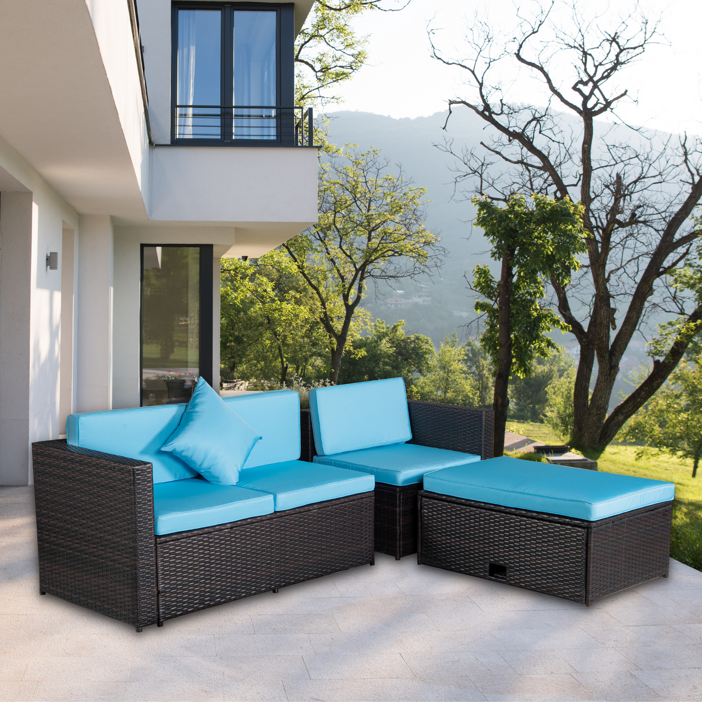 Patio Set 4-Piece Brown Poly Rattan Blue Cushion Combined 2 Blue Pillows Sectional Option Sofa Sets And Multifunctional Table