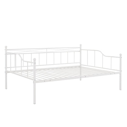 Full Size Metal Daybed with Twin Size Adjustable Trundle, Portable Folding Trundle, White