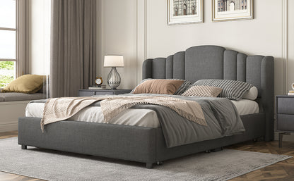 Upholstered Platform Bed with Wingback Headboard and 4 Drawers, No Box Spring Needed, Linen Fabric, Queen Size Gray