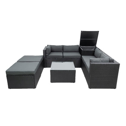 6 Piece Patio Rattan Wicker Outdoor Furniture Conversation Sofa Set with Storage Box Removeable Cushions and Temper glass TableTop