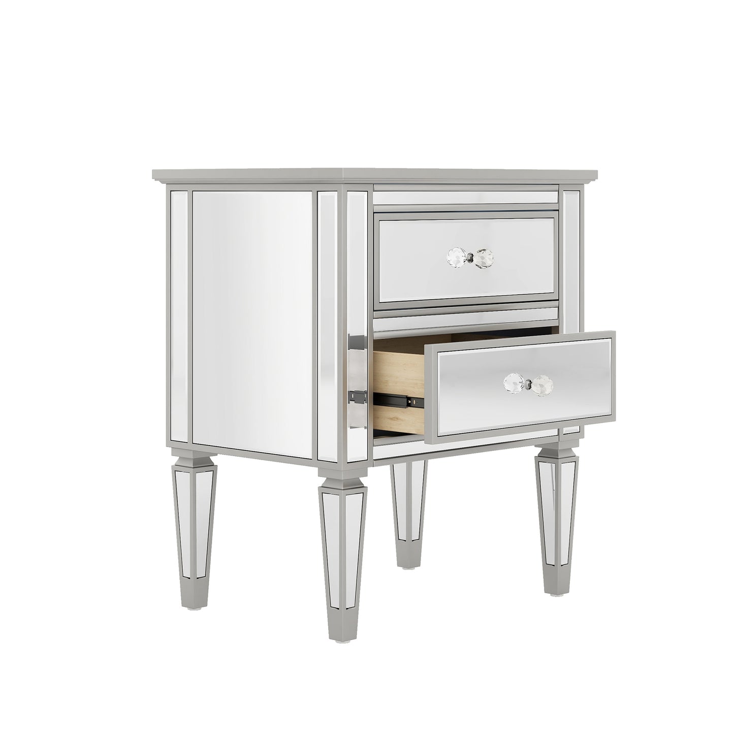 Elegant Mirrored Nightstand with 2 Drawers, Modern Silver Finished End Table Side Table for Living Room Bedroom