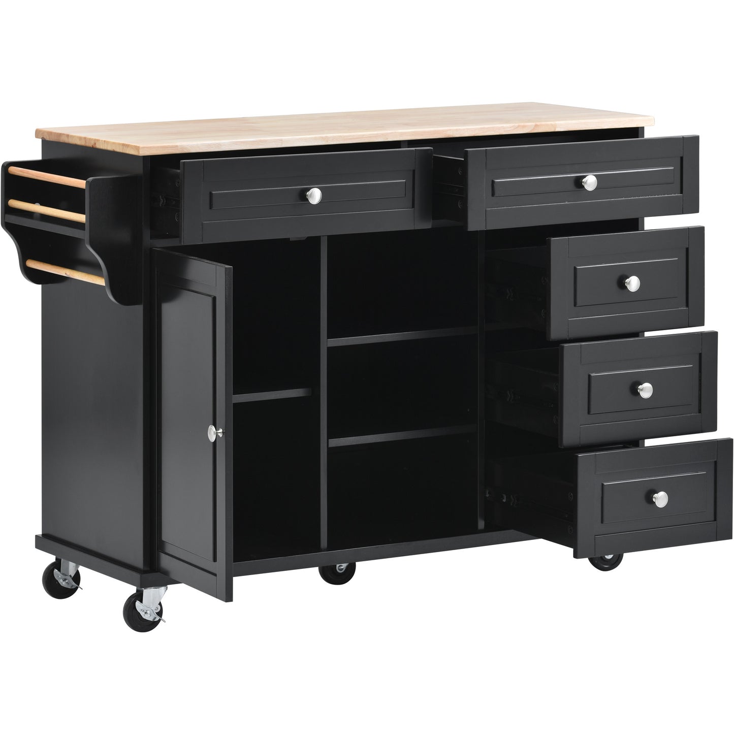 K&K kitchen cart with Rubber wood desktop rolling mobile kitchen island with storage and 5 draws 53 Inch width （Black）