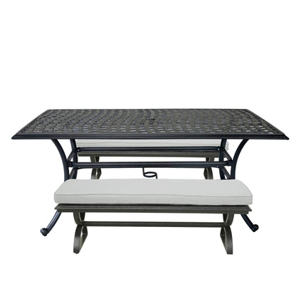 3 Piece Patio Aluminum Dining Set, Rectangle Table with 2 Cushioned Benches, Cast Silver