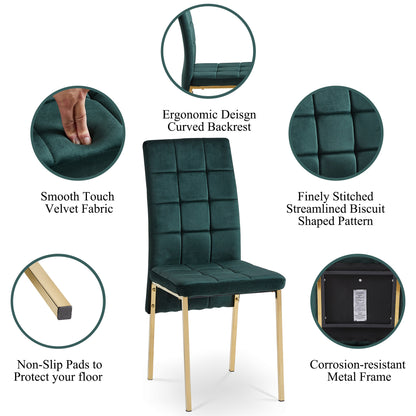 Green Velvet High Back Nordic Dining Chair Modern Fabric Chair with Golden Color Legs, Set Of 4