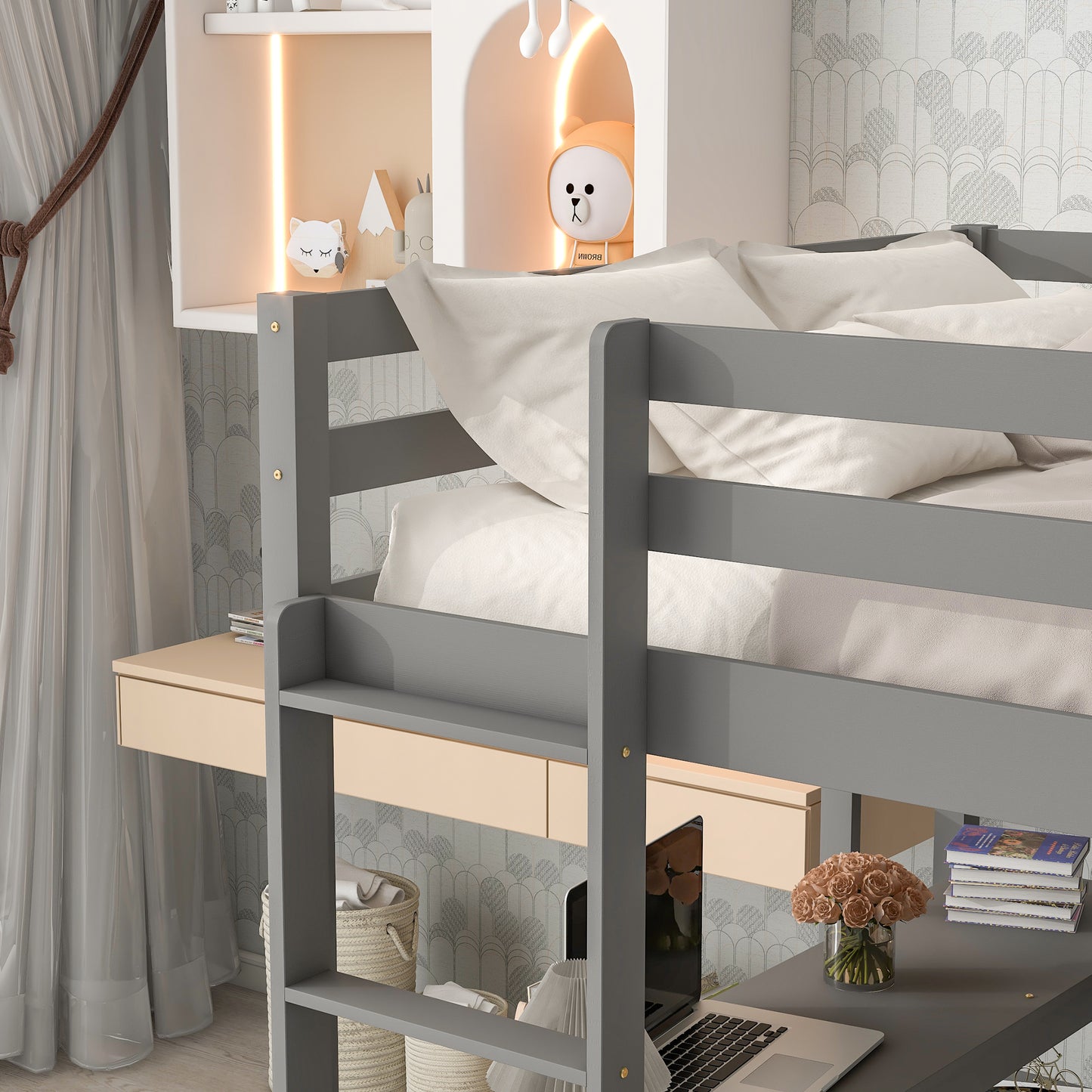 Full Loft Bed with Desk and Shelves,Gray