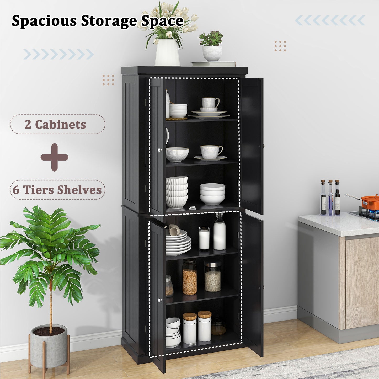 TOPMAX Freestanding Tall Kitchen Pantry, 72.4" Minimalist Kitchen Storage Cabinet Organizer with 4 Doors and Adjustable Shelves, Black