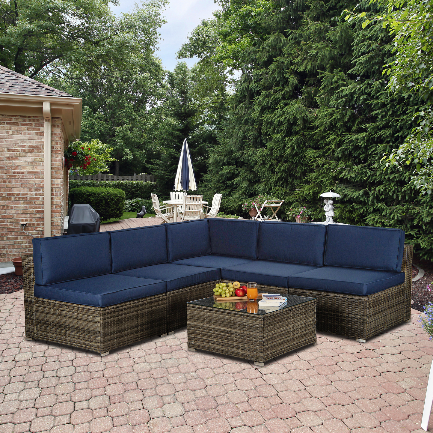 Outdoor Garden Patio Furniture 6-Piece Dark Gray PE Rattan Wicker Sectional Navy Cushioned Sofa Sets