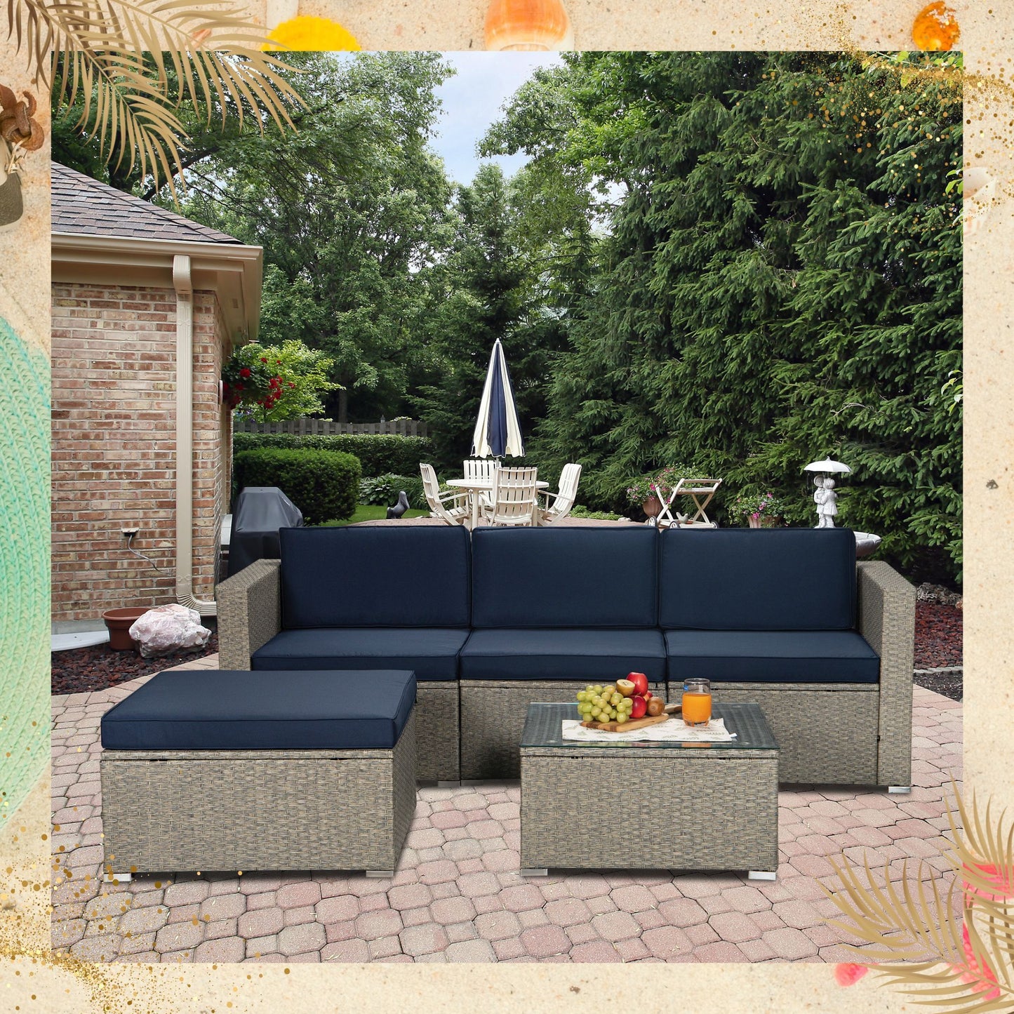 Outdoor Garden Patio Furniture 5-Piece Gray Mix Yellow PE Rattan Wicker Sectional Navy Cushioned Sofa Sets