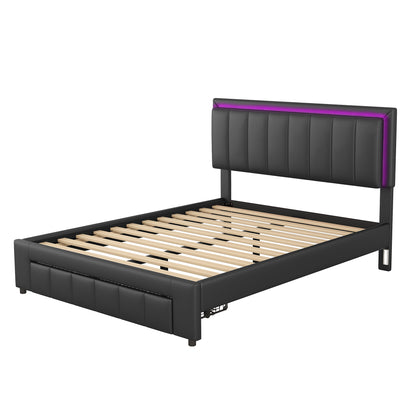 Upholstered Platform Bed with LED Lights and Two Motion Activated Night Lights,Queen Size Storage Bed with Drawer, Black