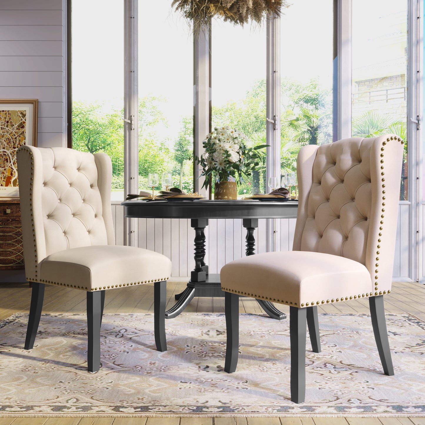 TREXM Cotton Fabric Dining Chairs Set of 2, Upholstered Dining Room Chairs with Solid Wood Legs, Wingback and Button Tufting (Beige)