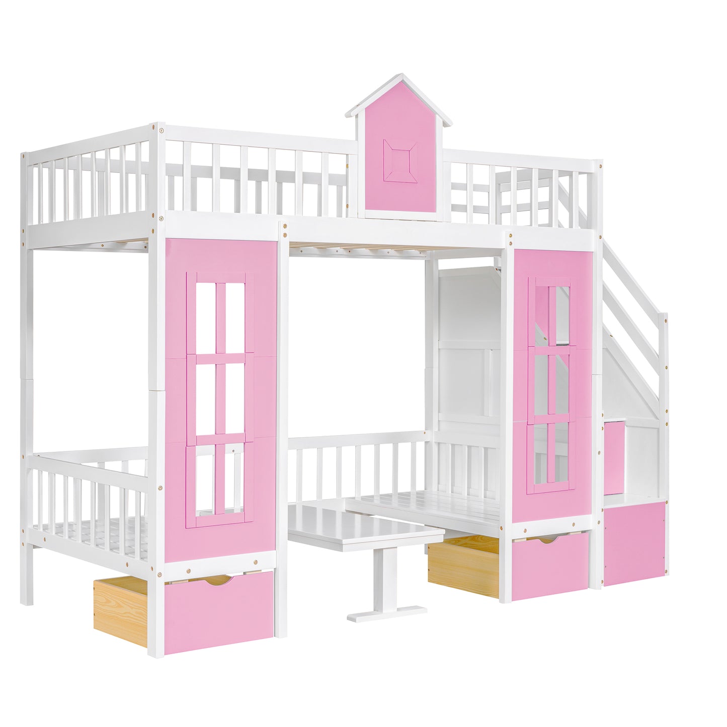 Twin-Over-Twin Bunk Bed with Changeable Table , Bunk Bed  Turn into Upper Bed and Down Desk with 2 Drawers - Pink