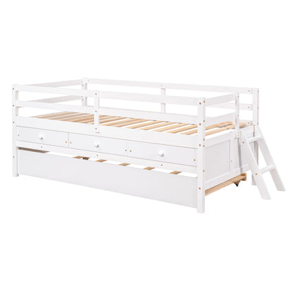 Low Loft Bed Twin Size with Full Safety Fence, Climbing ladder, Storage Drawers and Trundle White Solid Wood Bed