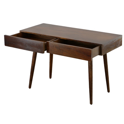 Mango Wood Writing Desk with Two Drawers and Tapered Legs, Brown