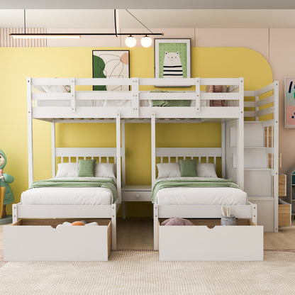 Full Over Twin & Twin Bunk Bed, Wood Triple Bunk Bed with Drawers and Guardrails (White)