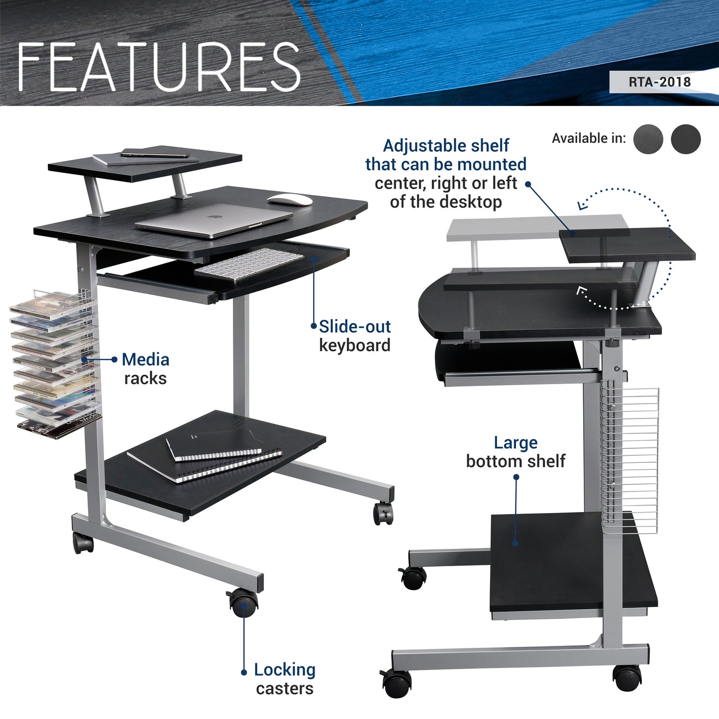 Techni Mobili Compact Computer Cart With Storage, Espresso