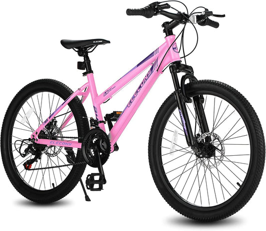 S26103 Elecony 26 inch Mountain Bike for Teenagers Girls Women, Shimano 21 Speeds Gear MTB with Dual Disc Brakes and 100mm Front Suspension, White/Pink
