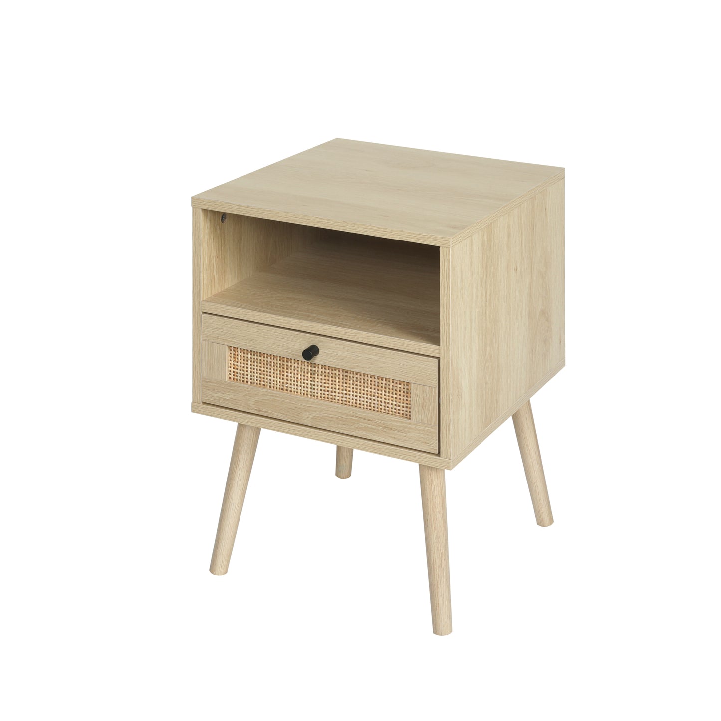 Rattan Nightstands with Rattan-Like Decor Drawer, End Tables with Solid Wood Legs, Side Tables with Open Storage, for Bedroom, Living Room