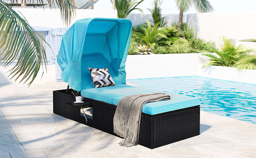 TOPMAX 76.8" Long Reclining Single Chaise Lounge with Cushions,Canopy and Cup Table, Black Wicker+Blue Cushion