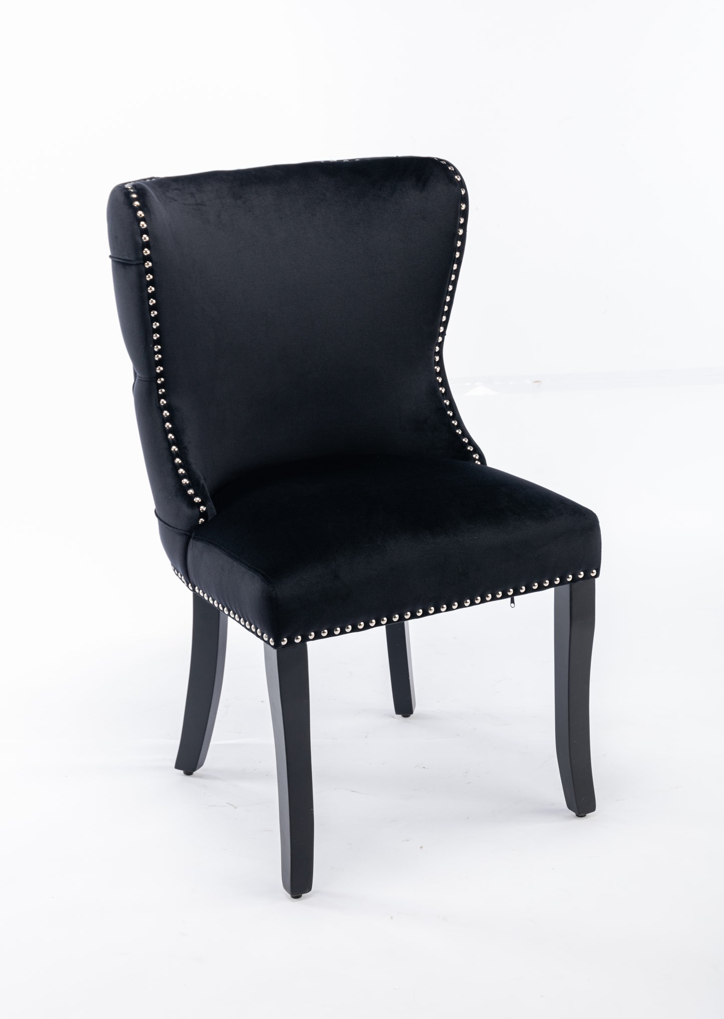 Set of 2 Black Velvet upholstered wing-back dining chair with backstitching nailhead trim and solid wood legs