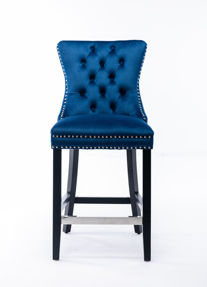 Set of 2 Upholstered Blue Velvet Bar stool with Solid Wood Legs