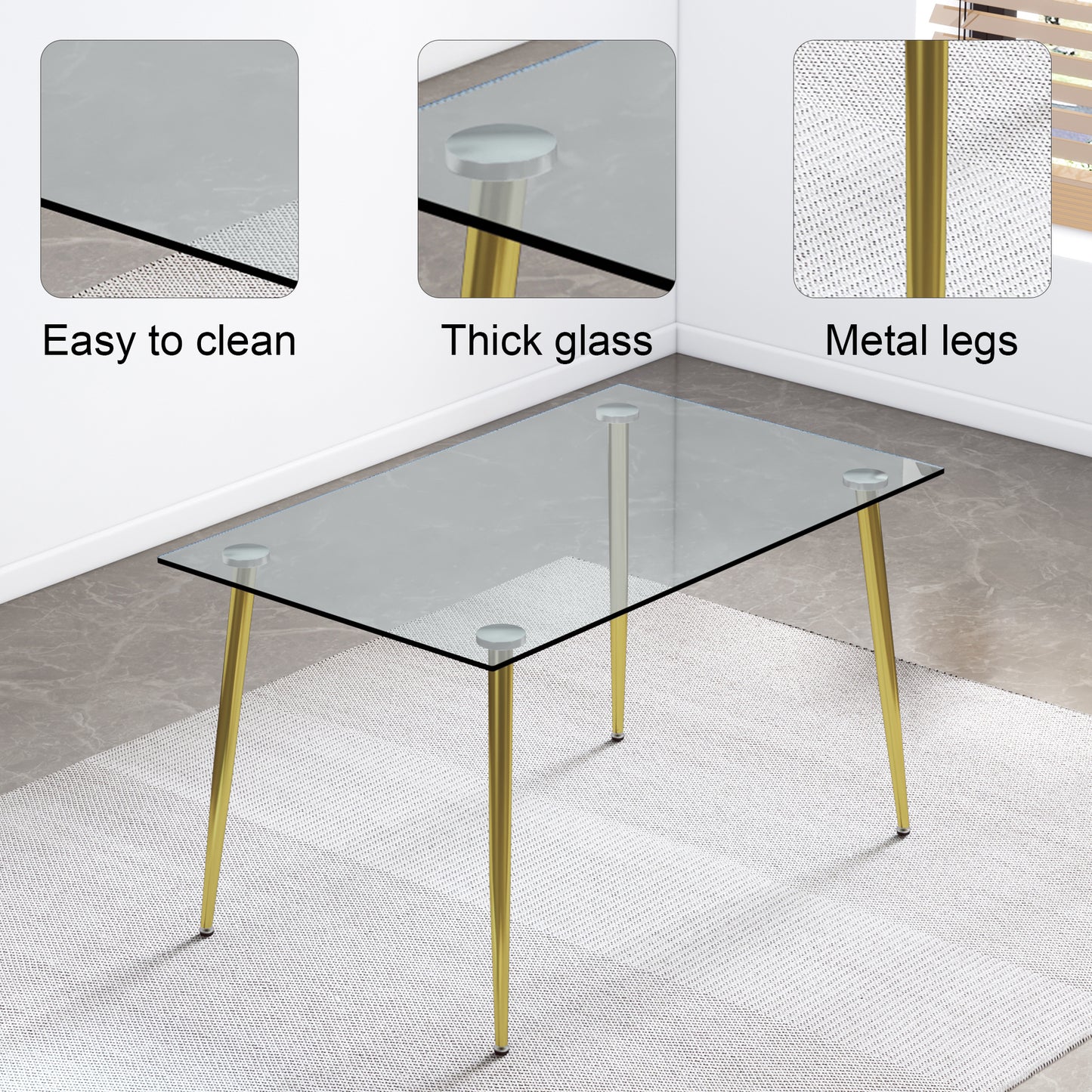 Modern Minimalist Rectangular Glass  Dining Table for 4-6 with 0.31" Tempered Glass Tabletop and Golden plating Metal Legs, Writing Table Desk, for Kitchen Dining Living Room, 51" W x 31"D x 30" H