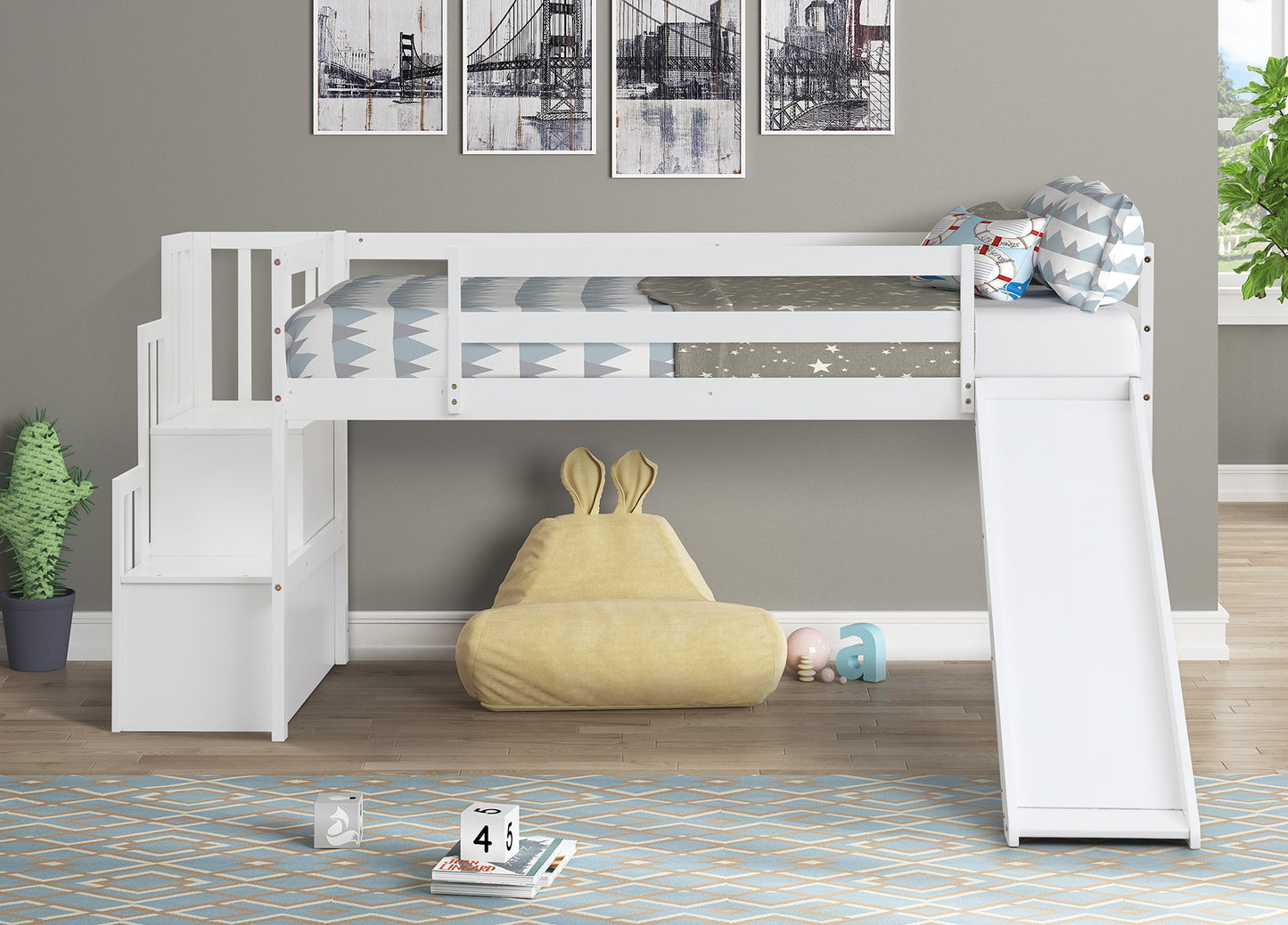 Loft Bed with Staircase, Storage, Slide, Twin size, Full-length Safety Guardrails, No Box Spring Needed, White \\\\n(Old Sku:W504S00004)