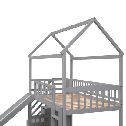 Twin Over Twin Bunk Bed with Drawers and Slide, House Bed with Slide,Gray(OLD SKU :LT000215AAE)