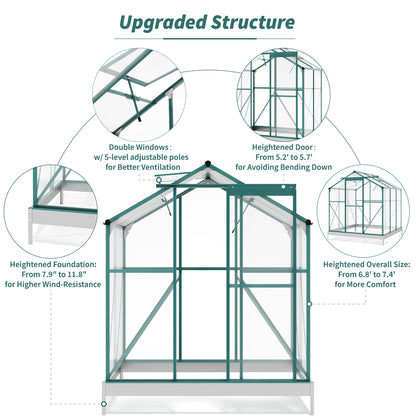 TOPMAX Upgraded Outdoor Patio 6.2ft Wx6.3ft D Greenhouse, Walk-in Polycarbonate Greenhouse with 2 Windows and Base,Aluminum Hobby Greenhouse with Sliding Door for Garden, Backyard, Green