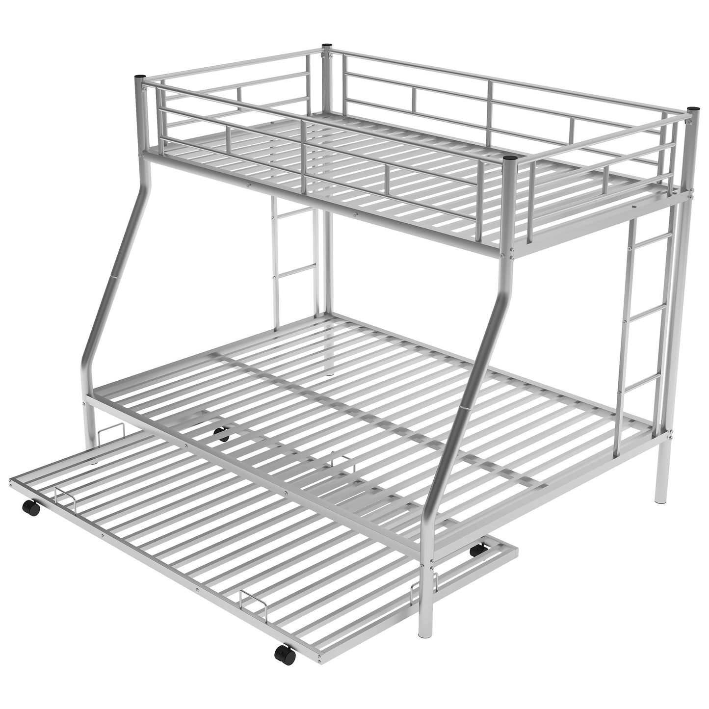 Twin over Full Bed with Sturdy Steel Frame, Bunk Bed with Twin Size Trundle, Two-Side Ladders, Silver(OLD SKU:MF194424AAN)