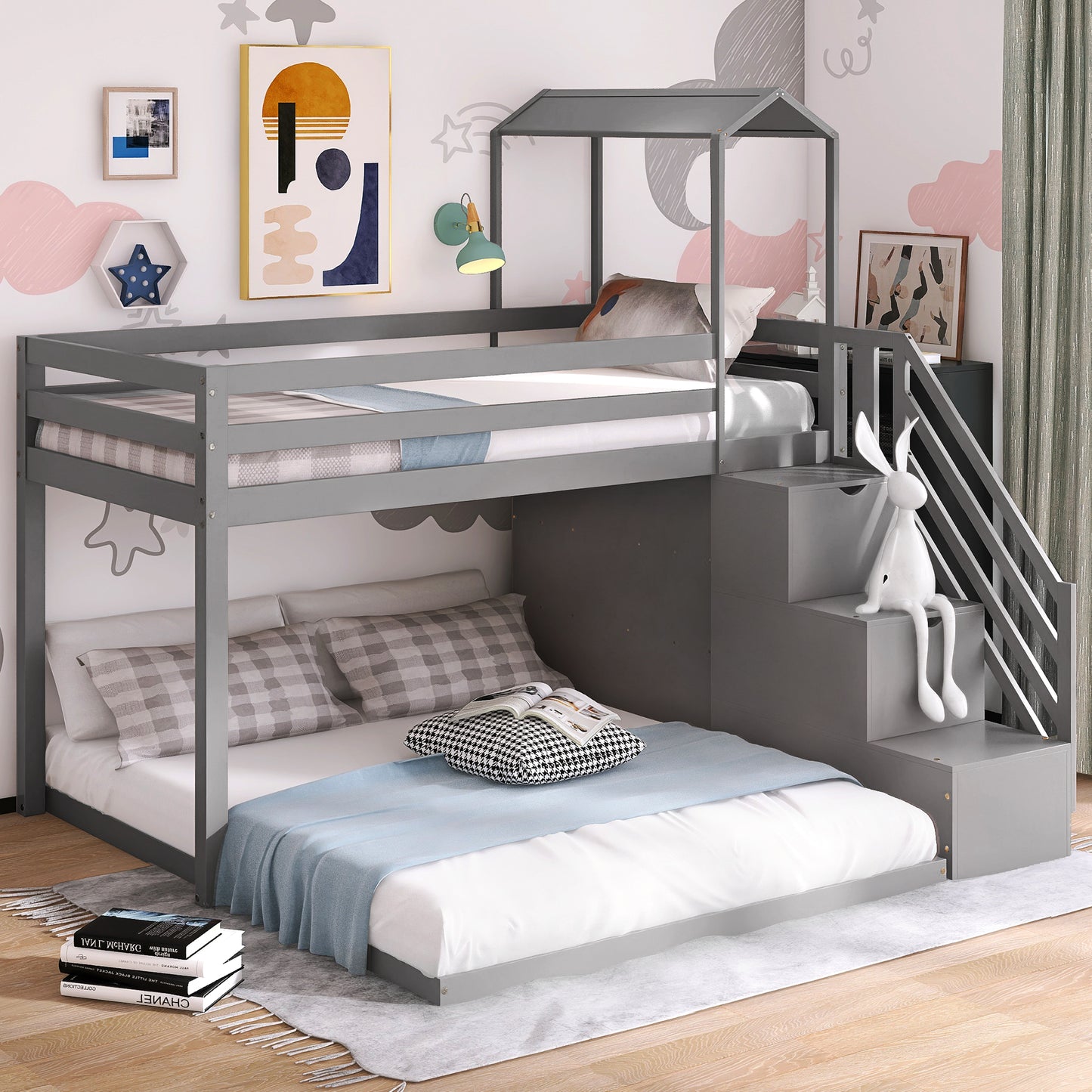 Twin over Full House Roof Bunk Bed with Staircase and Shelves, Gray