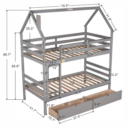 Twin over Twin House Bunk Bed with Two Drawers and Chimney Design,Gray