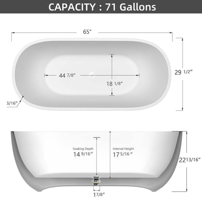 65" Acrylic Free Standing Tub - Classic Oval Shape Soaking Tub, Adjustable Freestanding Bathtub with Integrated Slotted Overflow and Chrome Pop-up Drain Anti-clogging Gloss White
