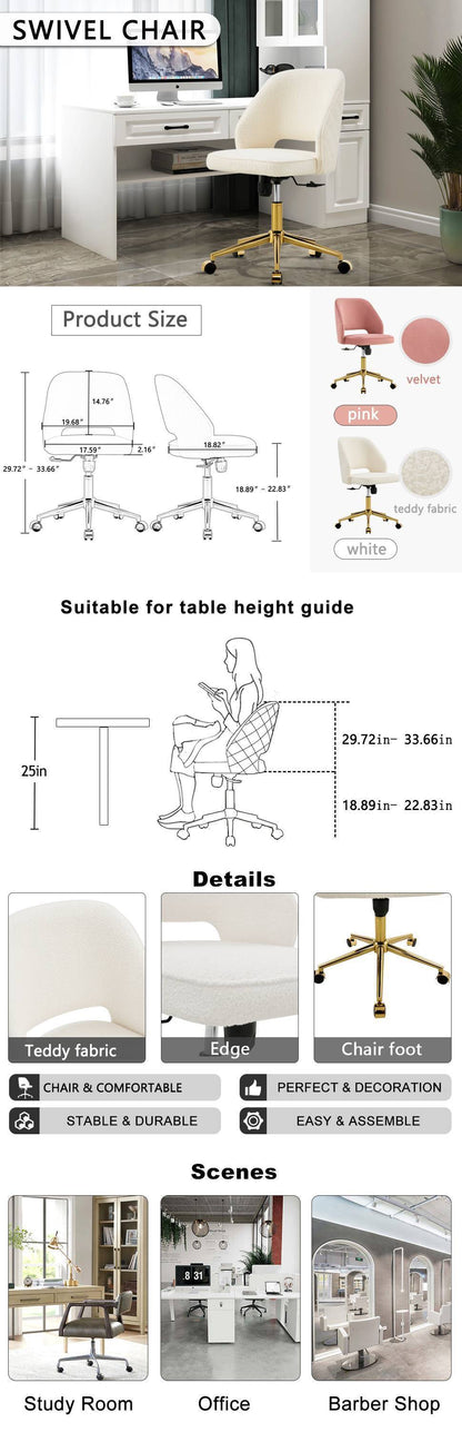 Modern Home Teddy Velvet Office Chairs, Adjustable 360 °Swivel Chair Engineering Plastic Armless Swivel Computer Chair With Wheels for Living Room, Bed Room Office Hotel Dining Room.White.