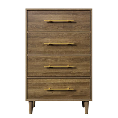 Mid-Century Modern Chest with Golden Handles, Four-Drawer, Natural Walnut