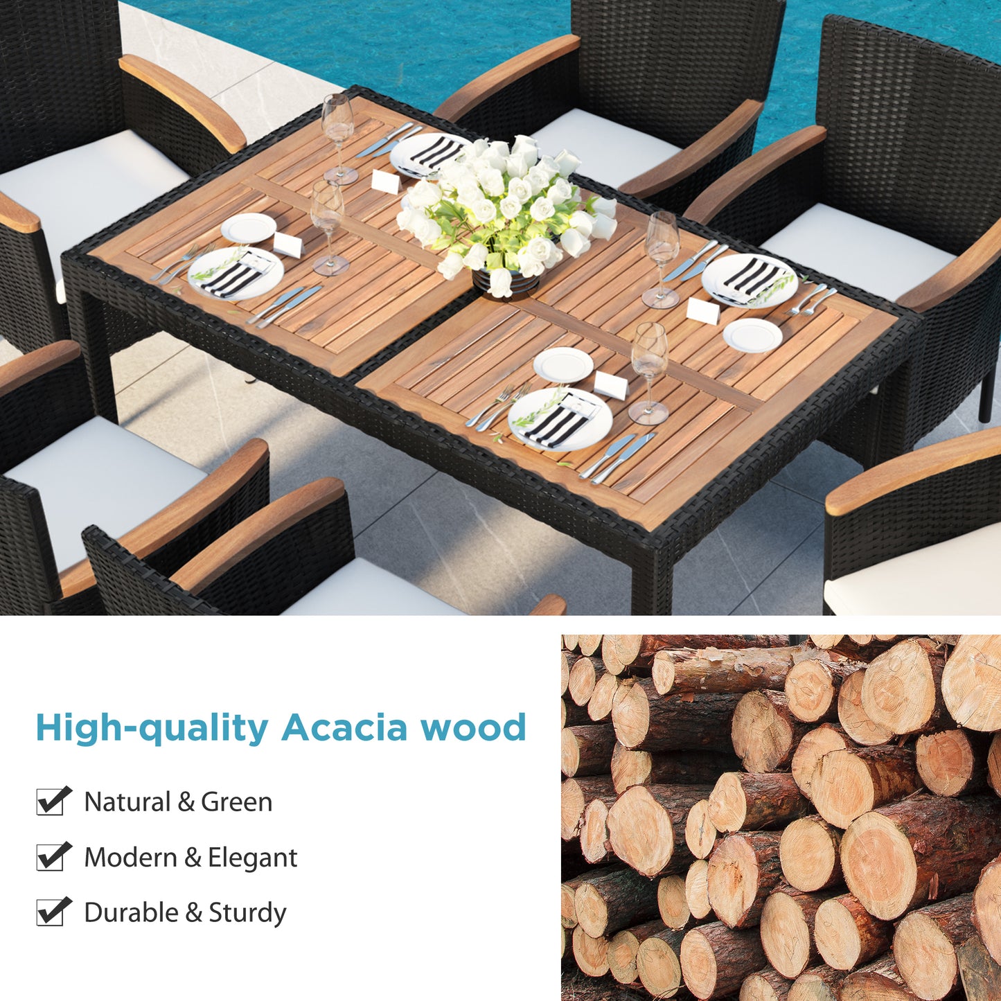 7-Piece Outdoor Patio Dining Set, Garden PE Rattan Wicker Dining Table and Chairs Set, Acacia Wood Tabletop, Stackable Armrest Chairs with Cushions (Brown)