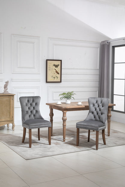 Upholstered Button Tufted Back Gray Velvet Dining Chair with Nailhead Trim and Solid Wood Legs 2 Sets