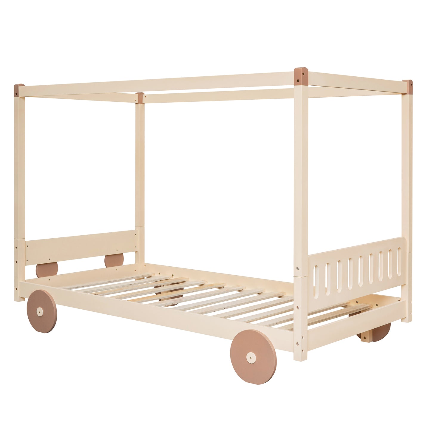 Twin Size Canopy Car-Shaped Platform Bed,Natural+Brown