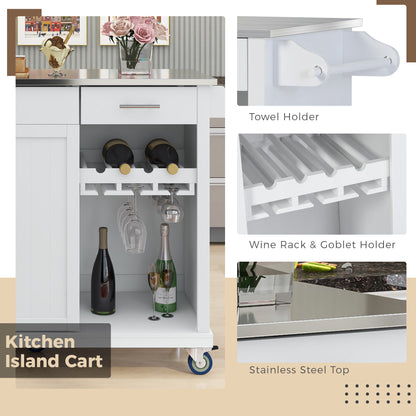 K&K Kitchen Cart with Stainless Steel Top and Storage Cabinet, Kitchen Island on Wheels with Two Drawers & Goblet Holder & Wine Rack & Spice Rack & Towel Holder, L51xW18xH37 Inches